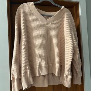 Cream V-Neck Waffle Knit Sweater light pink